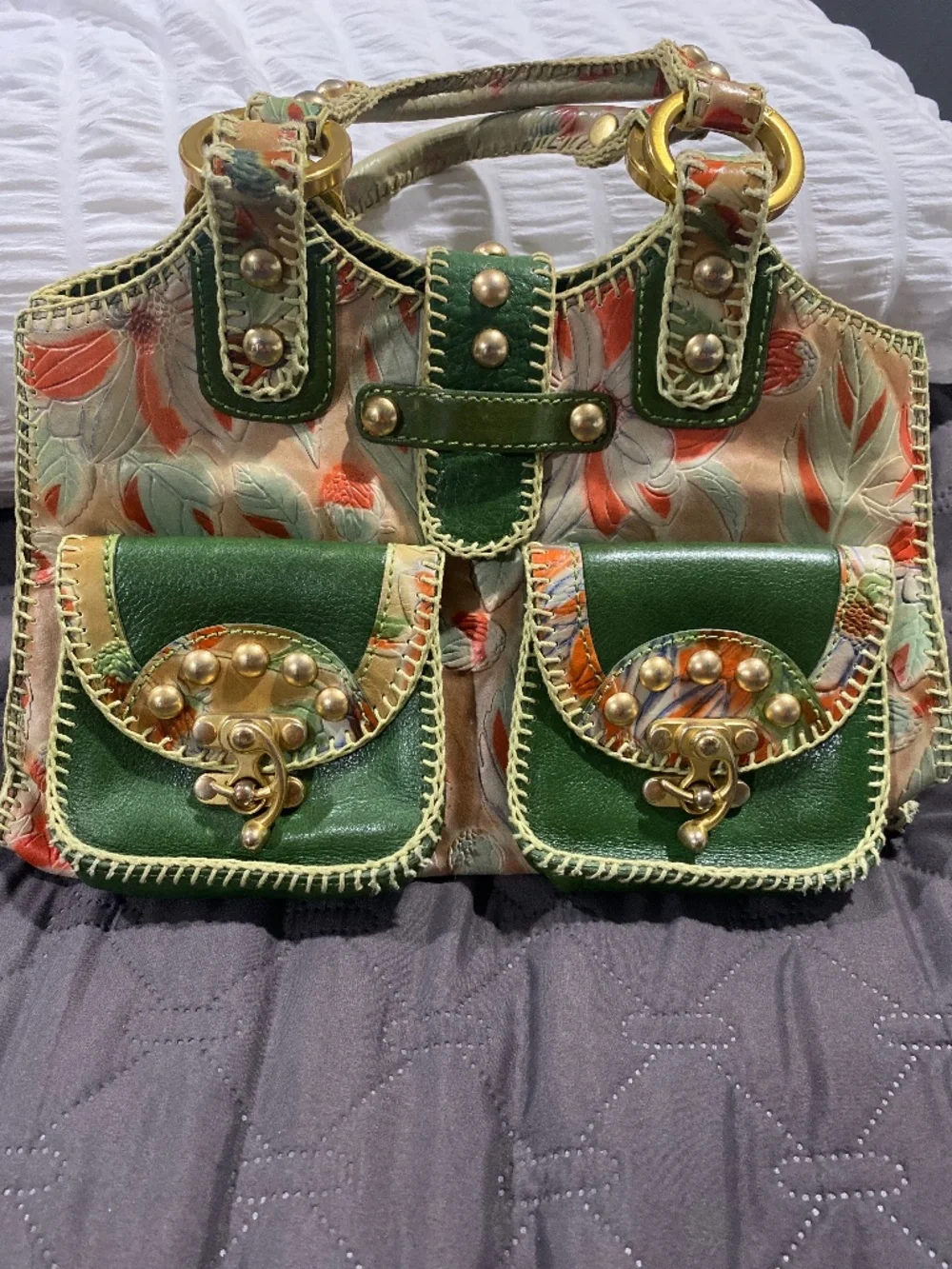 Isabella Fiore Floral Leather Whipstitch Satchel Bag Y2K